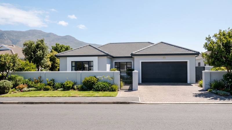 A white plastered Cape Town home with a charcoal tiled roof and a paved driveway.