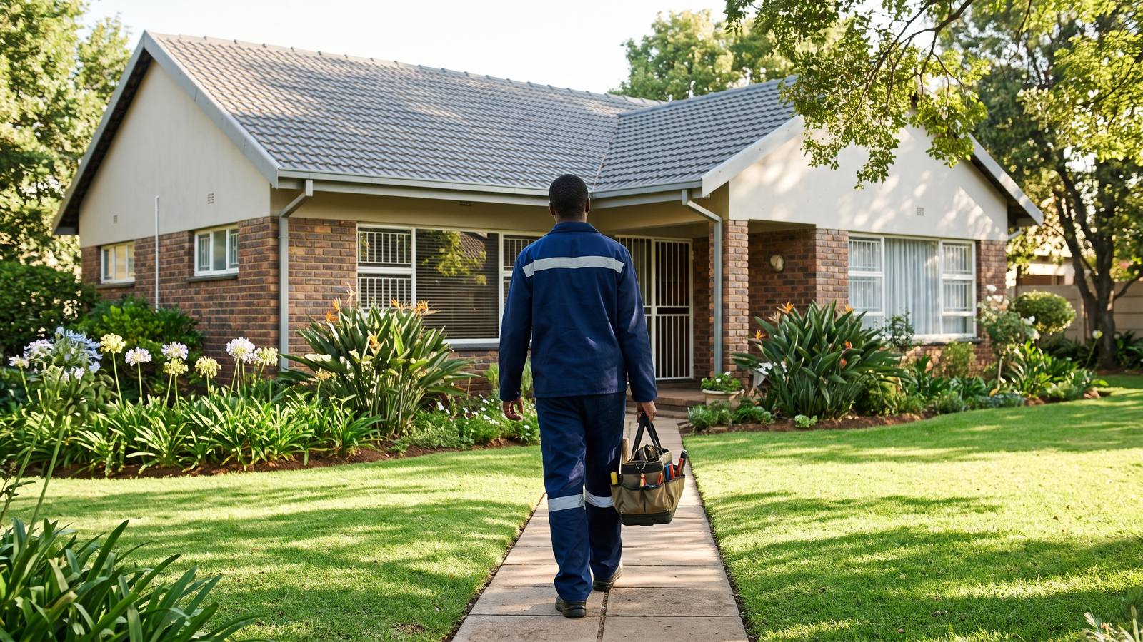 A home-repair worker in navy overalls carrying a toolbag up the garden path to a brick home.